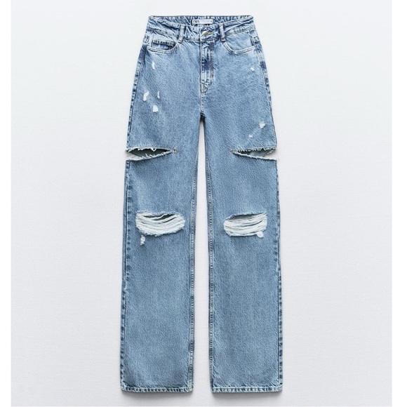 Zara Z1975 MID WAIST RIPPED CUT OUT STRAIGHT LEG JEANS - Picture 1 of 6